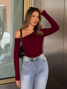 Pariaura Petite Tricou casual cu mânecă lungă și guler asimetric pentru femei, toamnă, ținută de primăvară - Burgundia - Vizualizare 3