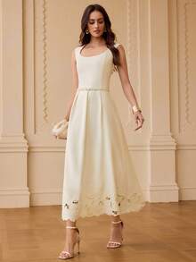 ZEYLAH Elegant Sexy Minimalist Women's Solid Color Hollow Out Sleeveless Mid-Length Dress Golf White Summer - Apricot - View 5