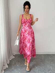 SHEIN Elenzya Vestido sin mangas con espalda descubierta y busto fruncido con estampado total - Rojo - Ver 5