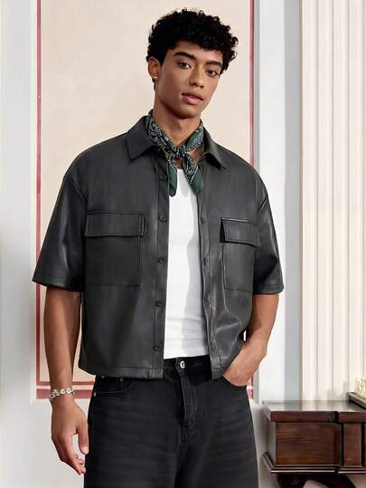 SWAVVY Camisa casual de hombre con bolsillo tipo cargo y de una sola hilera de botones