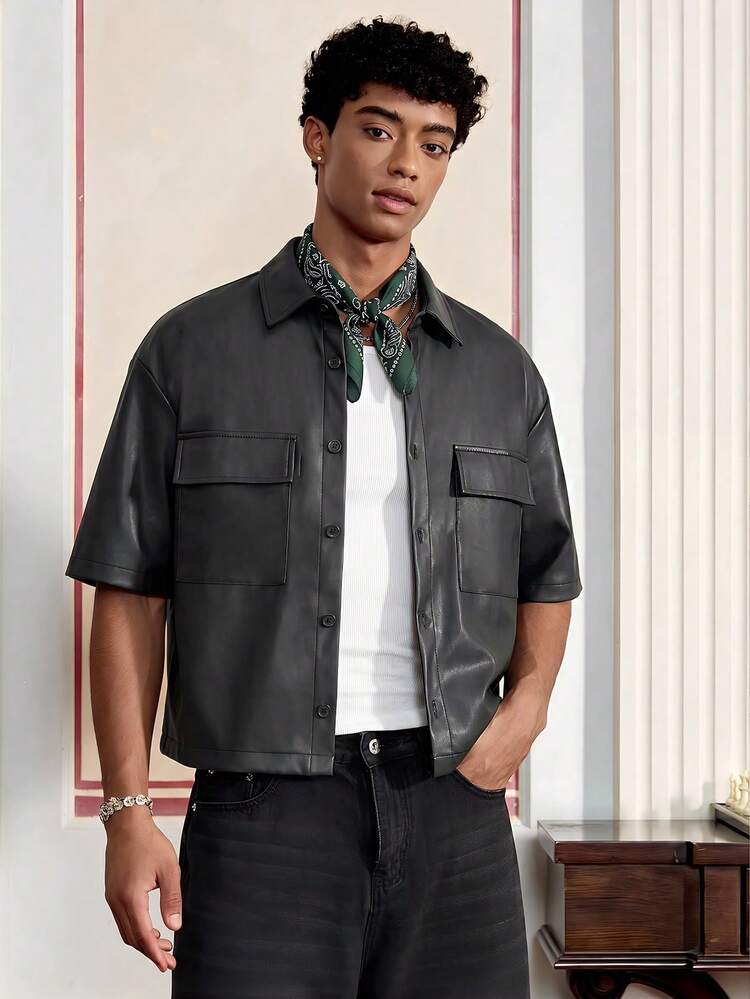 SWAVVY Men's Casual Cargo Pocket Single-Breasted Shirt - Black - View 1