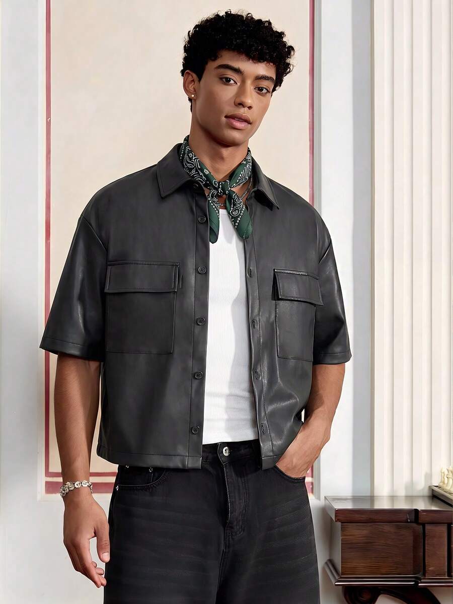 SWAVVY Camisa casual de hombre con bolsillo tipo cargo y de una sola hilera de botones - Negro - Ver 1