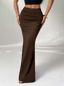 SHEIN EZwear Plus Size Women Elegant Elegent Dark Brown Mermaid Skirt Evening Party Summmer - Brown - View 4