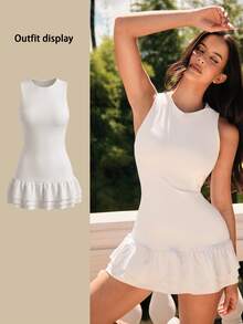 Fluxe New Arrival Hot Selling Women's Solid Color Sleeveless Short Outdoor Dress Includes Anti-Exposure Shorts Summer Outfits Spring Outfit Women's Gym Clothes Holiday Outfits Sportswear Workout Sets Female Gym Set White Dress - White - View 9