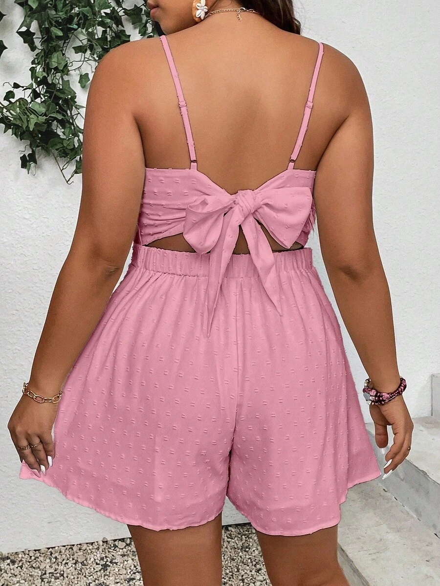 Bộ jumpsuit cỡ lớn cổ chữ V sâu, thắt eo sau, thích hợp cho mùa hè. - Hồng - Xem 1