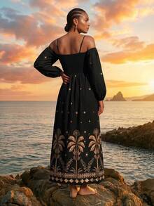 CAJUNI Chic Vacation Golden Banana Trees Long Dress - Black - View 2