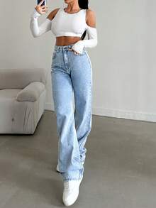 EURMUSE 100% Cotton High Rise Straight Leg Denim Jean Light Snow Wash Plus Size - Light Wash - View 5