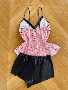 SilkySpell Contrast Color Polka Dot Print Sexy Deep V Camisole & Shorts Plus Size Faux Silk Pajama Set - Pink - View 3