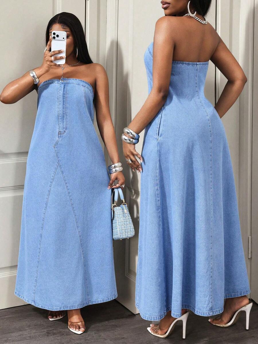 BamGleam Casual Sexy Denim Dress For Women Vacation Light Blue Autumn - Blue - View 1