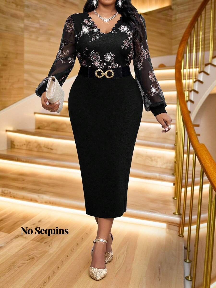 Spring, Summer, Autumn And Winter Wave V-Neck Knitted Splicing Mesh Fabric Embroidery Print Waist Hip Slim Fit Flower Print Black Plus Size Dress - Black - View 1