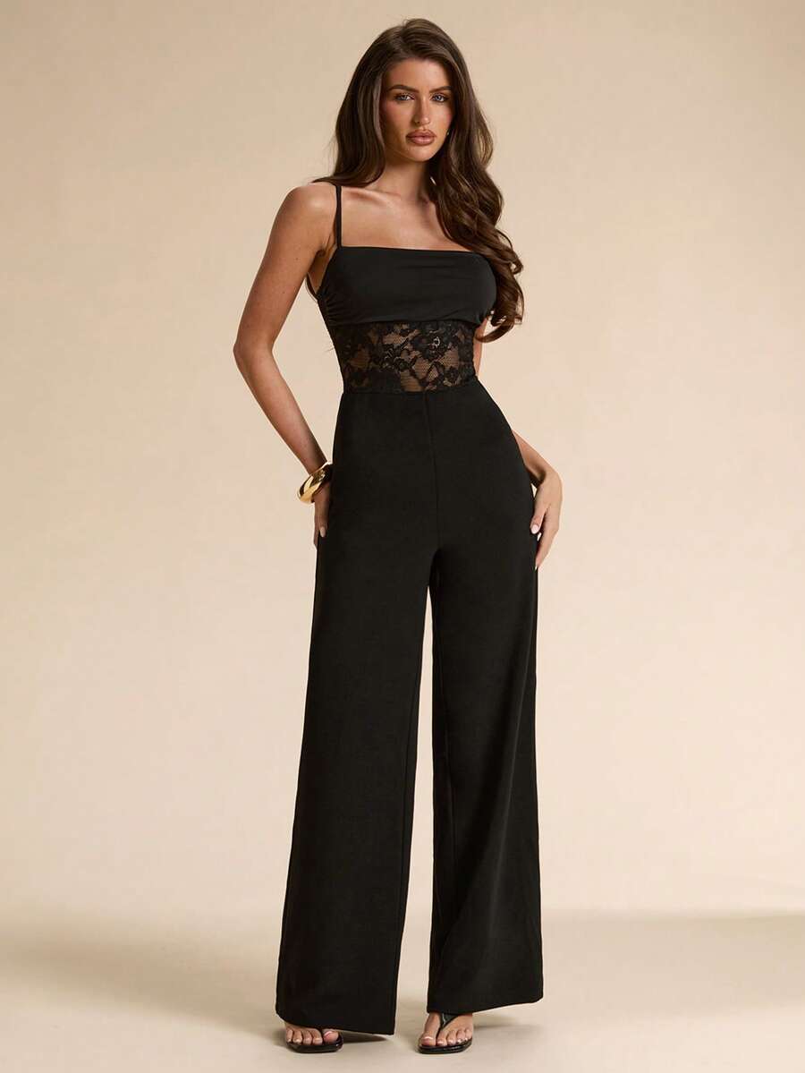 SHEIN BAE Bộ jumpsuit ren đen phối ren xuyên thấu gợi cảm, jumpsuit ren đen hai dây mùa hè, jumpsuit nữ thanh lịch, jumpsuit ren ống rộng, jumpsuit đen. - màu đen - Xem 1