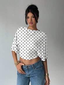 Aloruh 女款復古90年代休閒1970年代復古白色黑波點波點波點印花圓領蝙蝠袖抽褶設計短版時尚上衣，波點襯衫，夏季T恤，日常穿著，夏季日常上衣 - 黑與白 - 查看 7