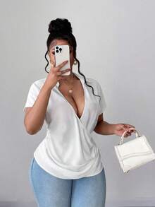 Maweii Plus Size V-Neck Wrap Casual Short Sleeve Shirt - White - View 3