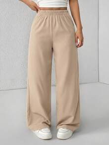 SHEIN PETITE Pantalones acampanados de cintura alta con costillas y rayas en las axilas para mujer - Caqui - Ver 5