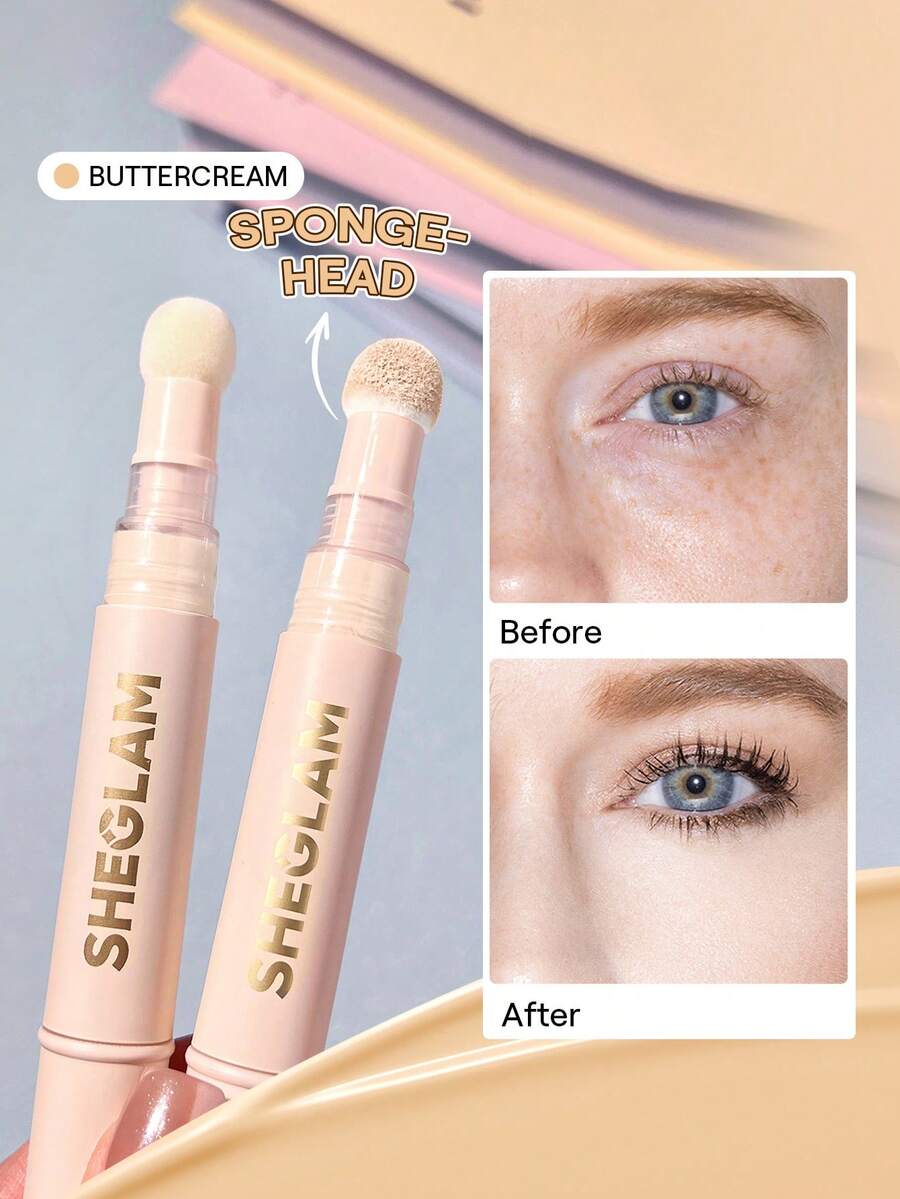 SHEGLAM كونسيلر معزز للبشرة-إسفنجة كريمية زبدية-رأس تطبيق-كونسيلر سائل غير لامع-مصحح لوني يدوم طويلاً-كونسيلر مرطب خفيف الوزن يدوم...