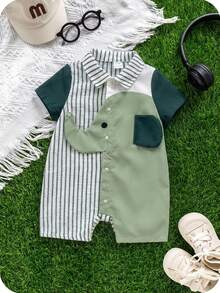 SHEIN Unisex Newborn Baby Boy/Girl Contrast Color Block Blue Striped Cute Elephant Print Short Sleeve Romper, Spring/Summer Baby Clothes - Mint Green - View 7