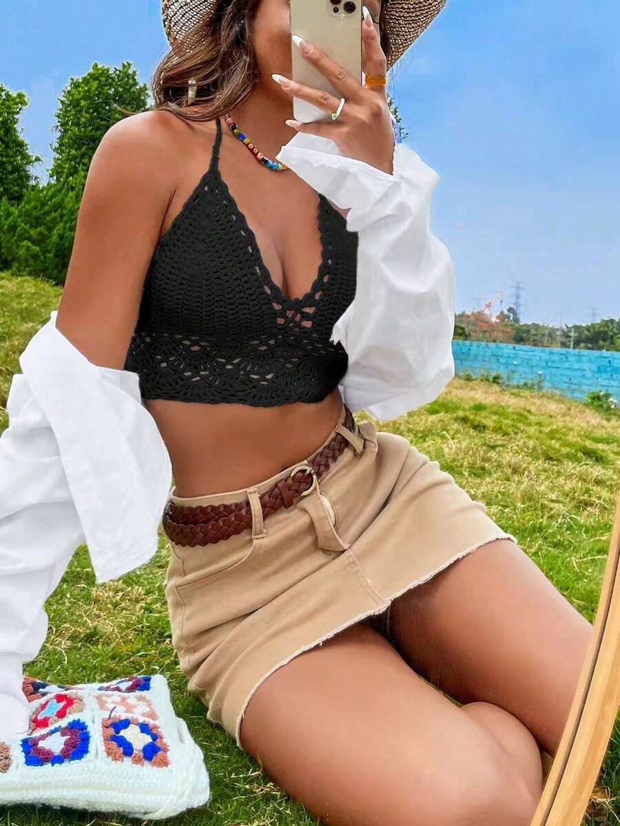 Breezaya Áo vest hở lưng cổ yếm móc thủ công, bikini hở lưng gợi cảm khoét rỗng buộc dây cho kỳ nghỉ - màu đen - Xem 1