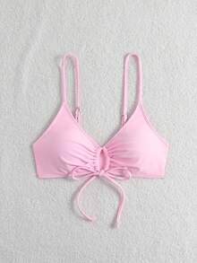 Swim Basics 女款簡約純色胸前綁帶比基尼上衣，海灘休閒度假風 - 粉色 - 查看 5