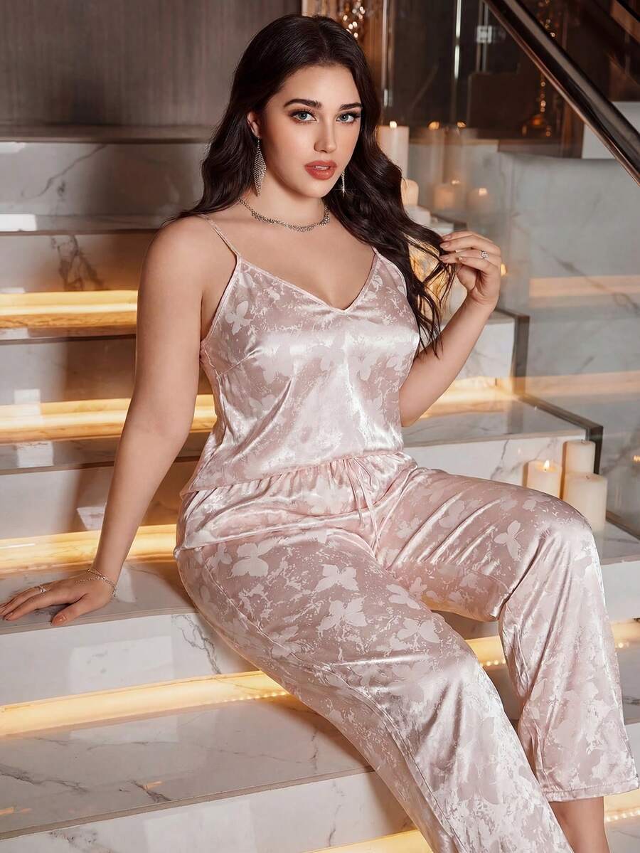 LuxeNights Bộ đồ ngủ gợi cảm cỡ lớn 2 món dành cho nữ, áo hai dây và quần dài màu hồng dệt jacquard, chất liệu satin thanh lịch, mềm mại, viền ren, phù hợp cho mọi mùa. - Hồng - Xem 1