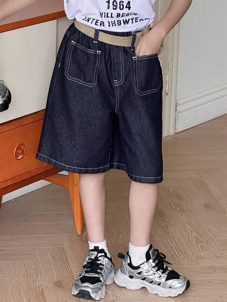 Boys' Casual Versatile Knee-Length Denim Shorts, For Older Kids
