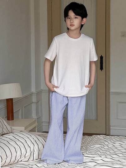 DAZY 男童休闲蓝色条纹抽绳直筒宽松休闲裤+T恤睡衣套装（大码）