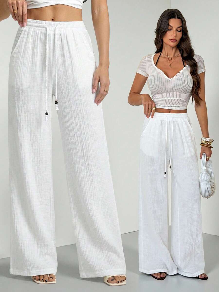 SHEIN Tall Women's Summer Country Concert Going Out Beach Outfits Boho Basic Minimalist Washed 100%Cotton White Pants Curved Hem Pants - White - View 1