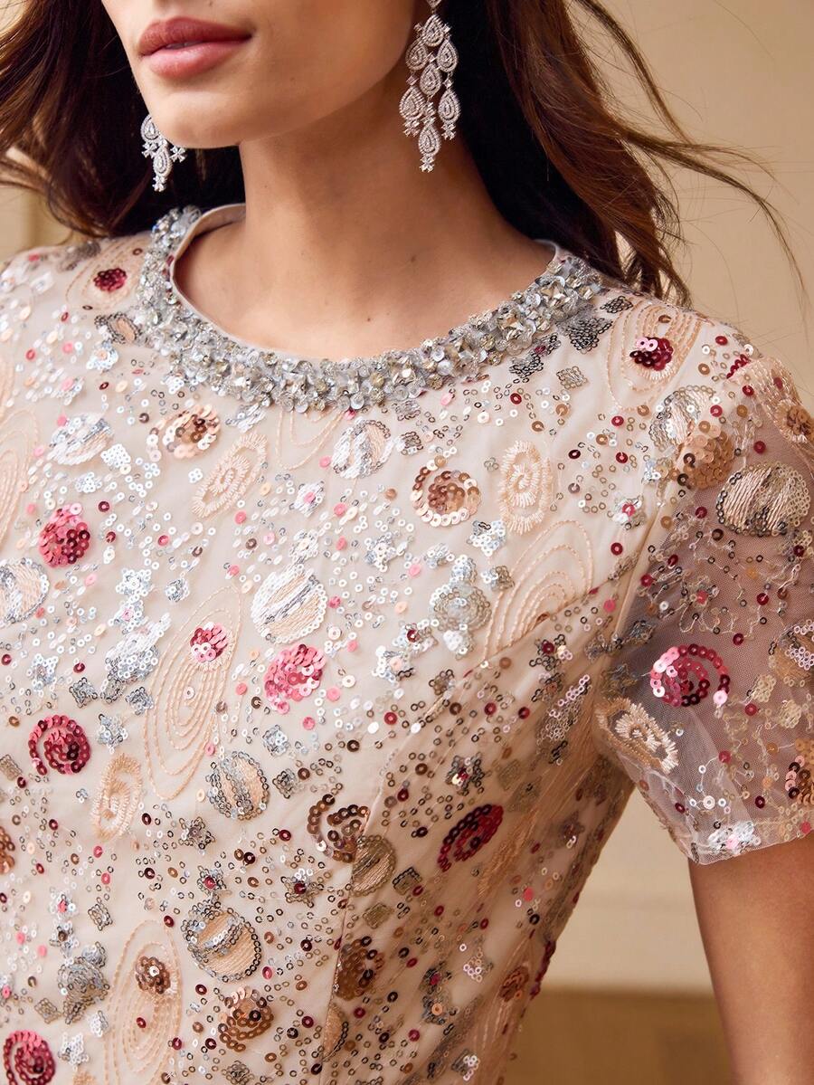 ZEYLAH Vestido de manga corta con cintura ceñida, de longitud media, con malla bordada con lentejuelas para mujer - Champán - Ver 1