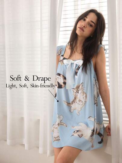 Ocili Women's Comfortable Cute Cat Print Ruffle Trim Bow Decor Nightgown, Summer