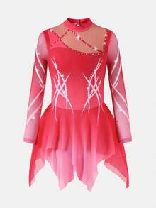 SHEIN 女童皇家红长袖花样滑冰服，水晶印花设计，高弹修身剪裁，搭配光滑透明网纱裙摆，专为滑冰练习、团体比赛和训练中的流畅性和闪亮效果而设计。 - 紅色 - 查看 1