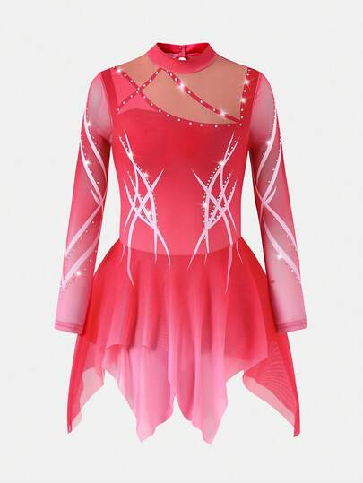SHEIN 女童皇家红长袖花样滑冰服，水晶印花设计，高弹修身剪裁，搭配光滑透明网纱裙摆，专为滑冰练习、团体比赛和训练中的流畅性和闪亮效果而设计。