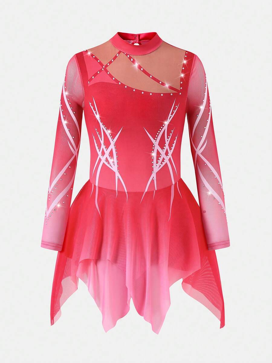 SHEIN 女童皇家红长袖花样滑冰服，水晶印花设计，高弹修身剪裁，搭配光滑透明网纱裙摆，专为滑冰练习、团体比赛和训练中的流畅性和闪亮效果而设计。 - 紅色 - 查看 1