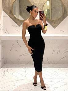 Slaydiva 新款春季连衣裙，适合春夏音乐节、情人节、复活节、婚礼季、节日季、休闲优雅风、通勤、日常穿着、工作装、度假、派对、邮轮旅行、基础款、日常约会、无肩带、V领、前后褶裥、网纱面料、黑色连衣裙、女士中长连衣裙 -Z - 黑色 - 查看 11