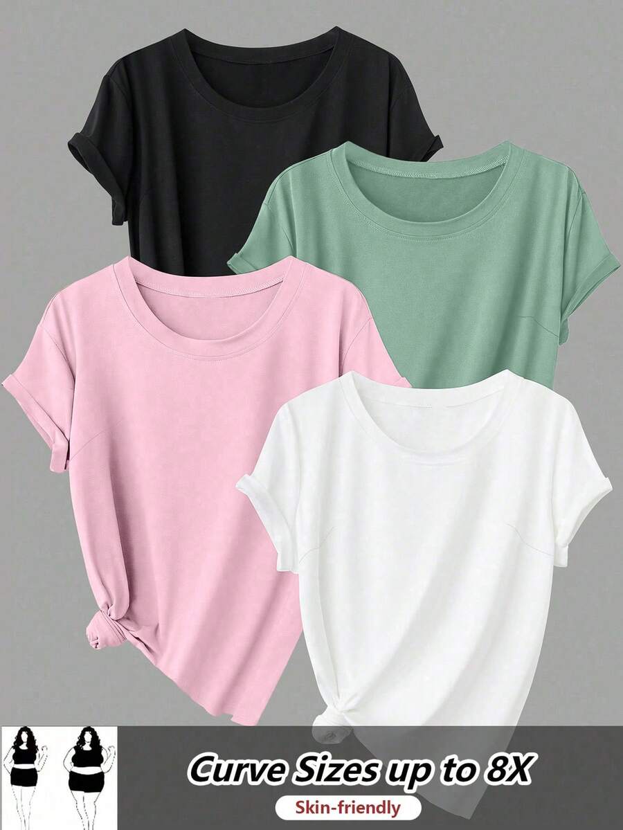 SHEIN CURVE+ 4pcs/Set Plus Size Women Basic Short Sleeve Loose T-Shirts - Multicolor - View 1