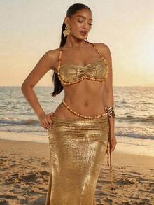 Silquee 女士度假沙滩性感金属串珠装饰露背吊带上衣和迷你裙两件套 - 金色 - 查看 1