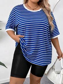 SHEIN CURVE+ 大码女式圆领条纹休闲百搭日常短袖T恤 - 寶藍色 - 查看 3