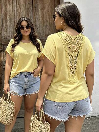 EMERY ROSE Plus Size Women's Summer Casual Vacation Style Solid Color Contrast Lace Batwing Sleeve T-Shirt
