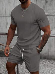 Manfinity Homme Men's Summer Basic Solid Color Knitted Casual Round Neck Short Sleeve Two Pieces Suit, Suitable For Daily Wear, Gifts Husband And Boyfriend - Dark Grey - View 7