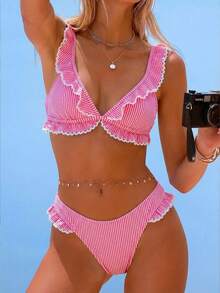 Swim Mod 2件套女童特制条纹荷叶边三角比基尼上衣和V领荷叶边三角泳裤 - 玫紅色 - 查看 1