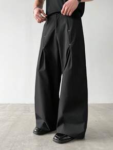 Manfinity Hypemode Men's Versatile Casual Pleated Zip-Up Loose Pants, Daily Wear - Black - View 5