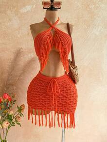 Soleia Ensemble pull et mini-jupe femme de couleur unie avec décorations à franges sur le Top à col ras-du-cou - Orange - Voir 1