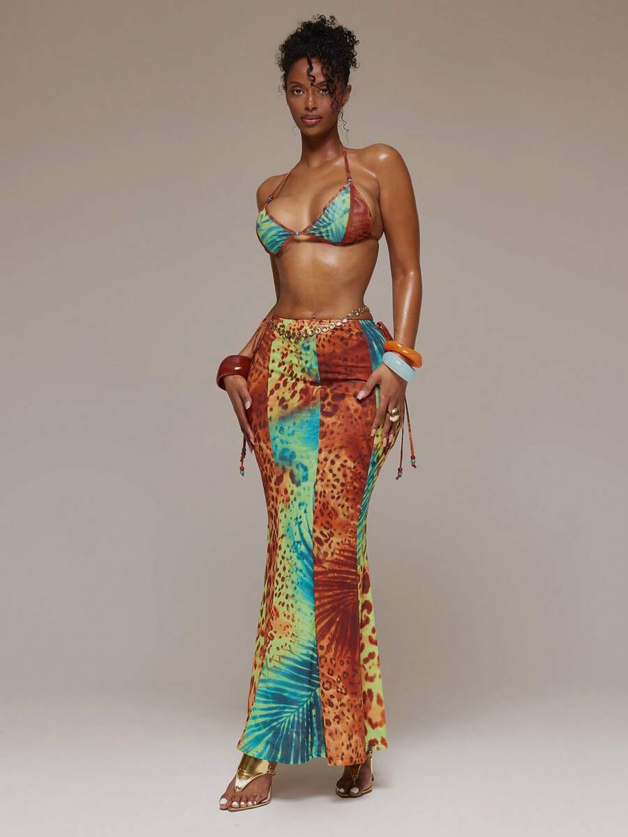 MUSERA Top bralette ajustado con detalles de cuentas y estampado de malla, ideal para primavera, verano, festivales de Ibiza, vacaciones, salidas nocturnas, club y seducción tropical - Multicolor - Ver 1