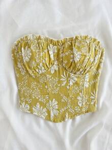 Soleia 女士度假白色性感束腰提花面料抹胸荷叶边修身上衣，适合派对、约会、情人节、下午茶、海滩、邮轮、复活节、狂欢节、中国新年、城市度假等场合。 - 芥末黃 - 查看 3