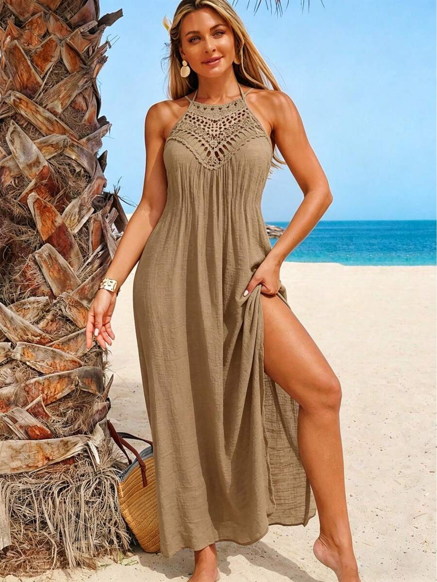 SHEIN Swim Áo choàng không tay màu trơn cho nữ, tối giản và thời trang, phù hợp cho mùa hè - Cà phê nâu - Xem 1