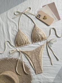 SHEIN Swim 两件式泳衣，纯色亮片纹理挂脖文胸上衣和侧系带泳裤性感比基尼套装，春夏海滩度假亮片泳衣两件套亮片比基尼度假套装女士比基尼套装Zestiva泳装斑马纹比基尼闪亮比基尼两件式泳衣Zante假日套装亮片泳衣 - 杏色 - 查看 6