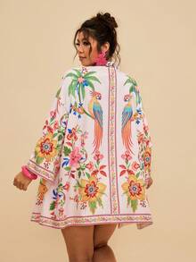 Travachic 加大码女式杏色海洋鱼印花雪纺和服罩衫，宽松中长袖浪漫早春沙滩保暖春季图案衬衫 - 粉色 - 查看 3