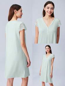 LUVLETTE Super Soft Green TENCEL™ Modal Lace Insert Short Sleeve Nightdress Airy Women Pajamas Dress Slip Dress,& Pyjamadressing,Spring And Summer - Green - View 2