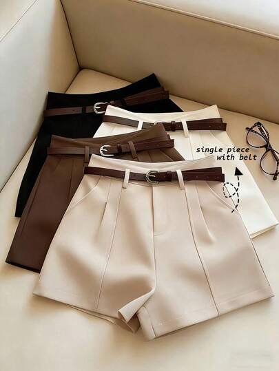 Franclia Pantalones cortos de mujer de estilo francés, sencillos y de moda, tejidos en color albaricoque sólido, de estilo casual y para ir al trabajo, con cinturón; de corte retro, cintura alta, silueta evasé y pernera ancha; pantalones cortos elegantes para mujer; pantalones cortos casuales para mujer; elegantes; pantalones de verano para mujer; pantalones casuales; pantalones cortos color albaricoque; pantalones cortos de verano