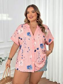 SHEIN CURVE+ 大码女式休闲宽松碎花短袖衬衫，春夏教师制服 - 粉色 - 查看 5