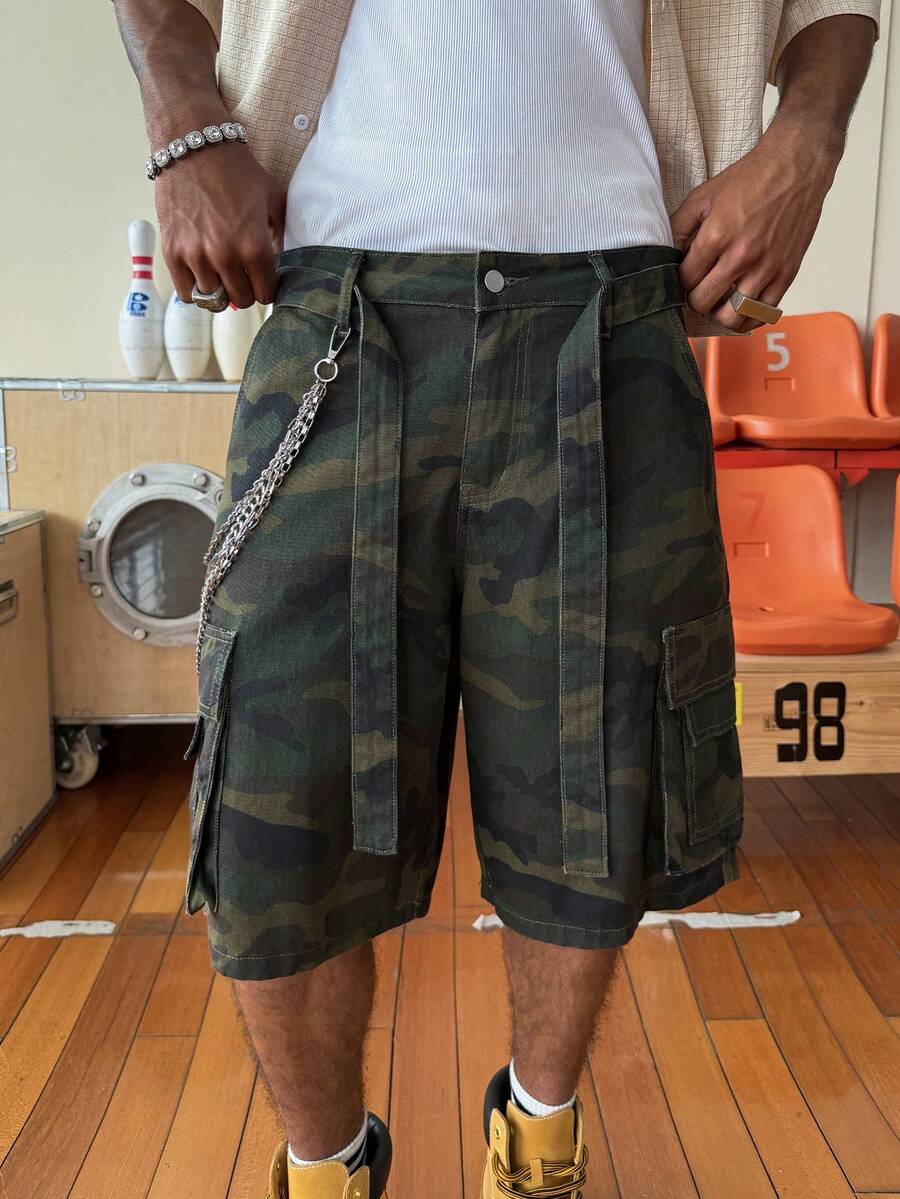 STEELVANCE Quần short denim rằn ri nhiều túi dáng casual dành cho nam - xanh quân đội - Xem 1