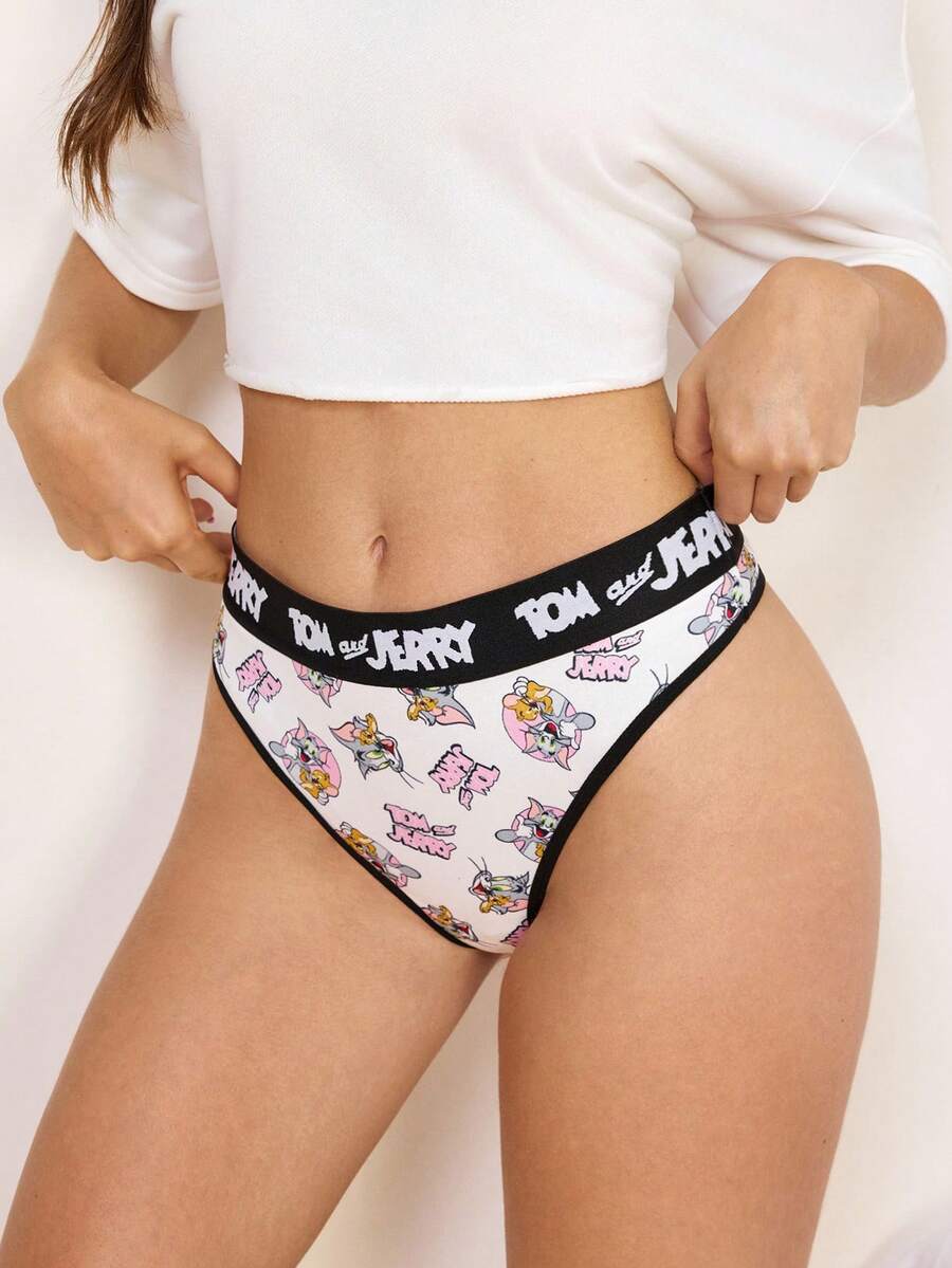 TOM & JERRY X SHEIN Quần lót dây (thong) nữ in chữ và hoạt hình, kiểu dáng thường ngày. - Đen và trắng - Xem 1